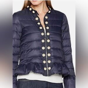 Elegant Navy Puffer Jacket with Pearl Accents